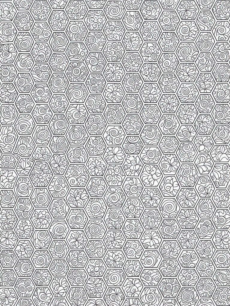 A printable coloring page covered in a grid of hexagons, each filled with unique patterns of swirls, flowers, and abstract lines.