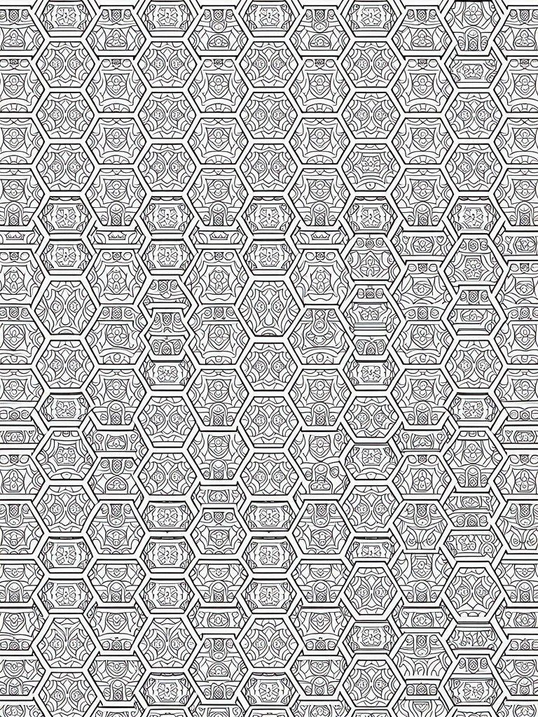 Intricate black-and-white hexagonal grid filled with ornate symmetrical patterns