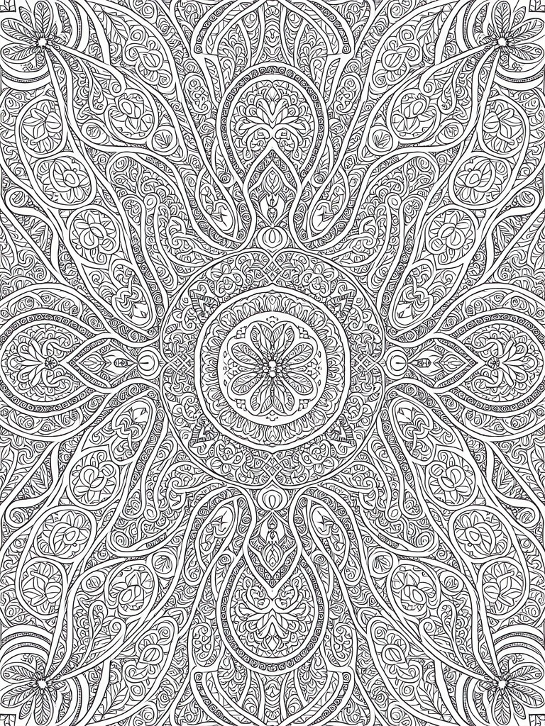 A black and white intricate mandala coloring page filled with paisley shapes and floral patterns arranged in concentric circles.