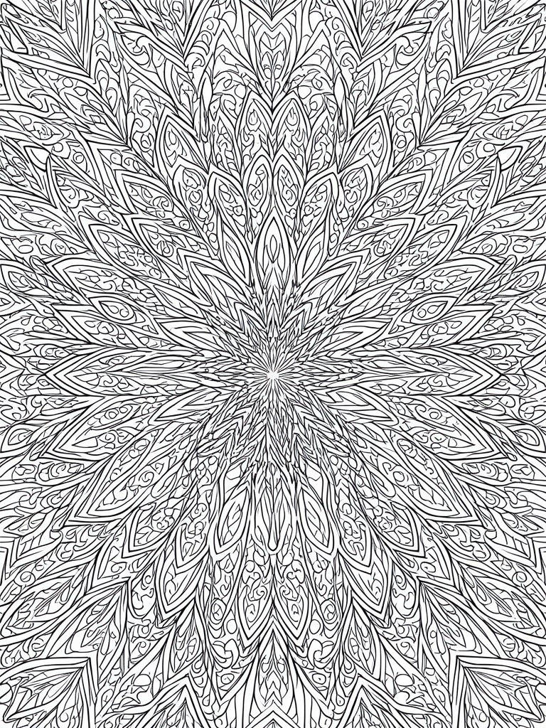A black and white mandala coloring page with intricate symmetrical patterns of leaves and petals radiating from the center.