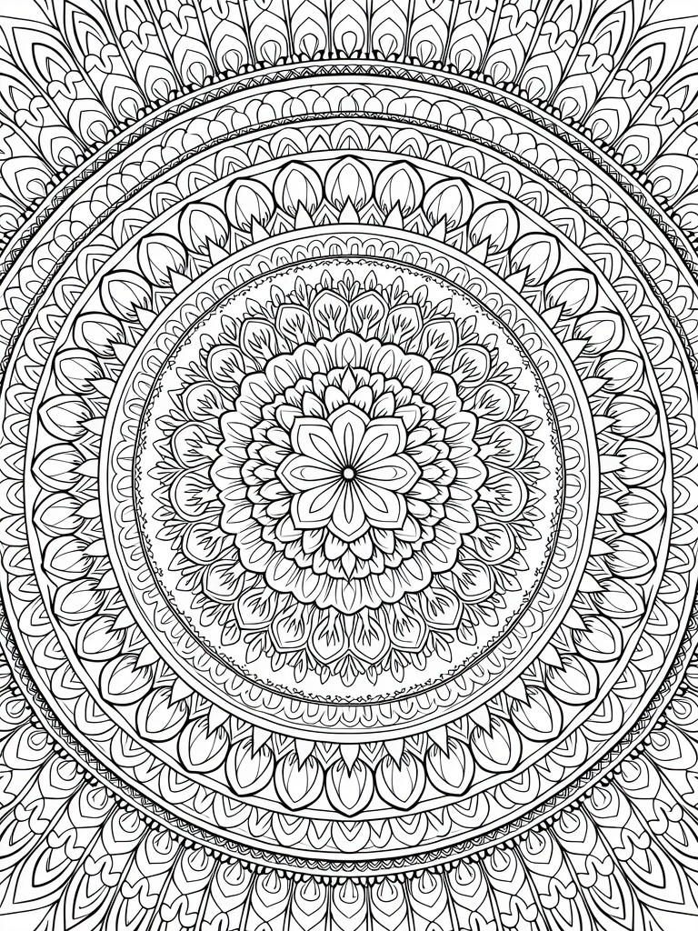 A black and white mandala coloring page featuring multiple concentric circles with floral and petal patterns radiating from the center.