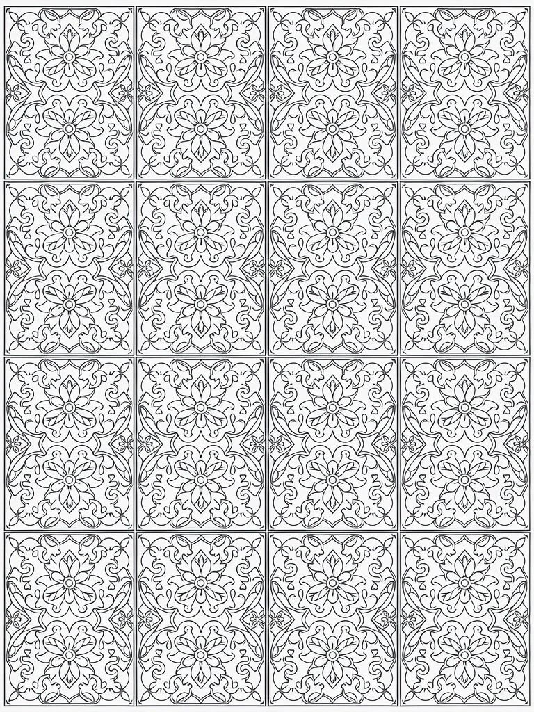 Intricate black-and-white floral tile patterns arranged in a four-by-four grid.