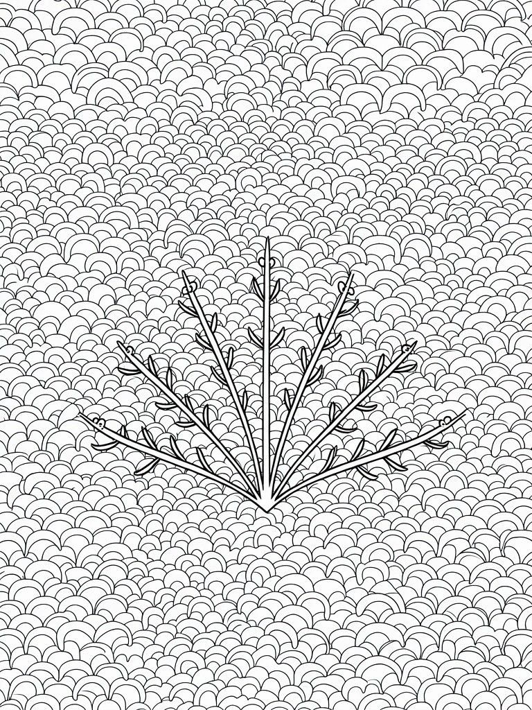 Line drawing of a branching plant on a scalloped pattern background.