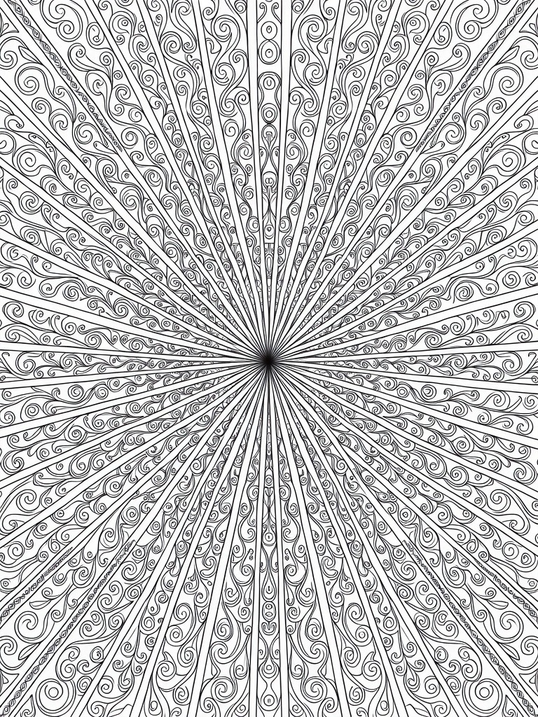 Intricate black and white radial mandala with swirling spiral patterns radiating outward.