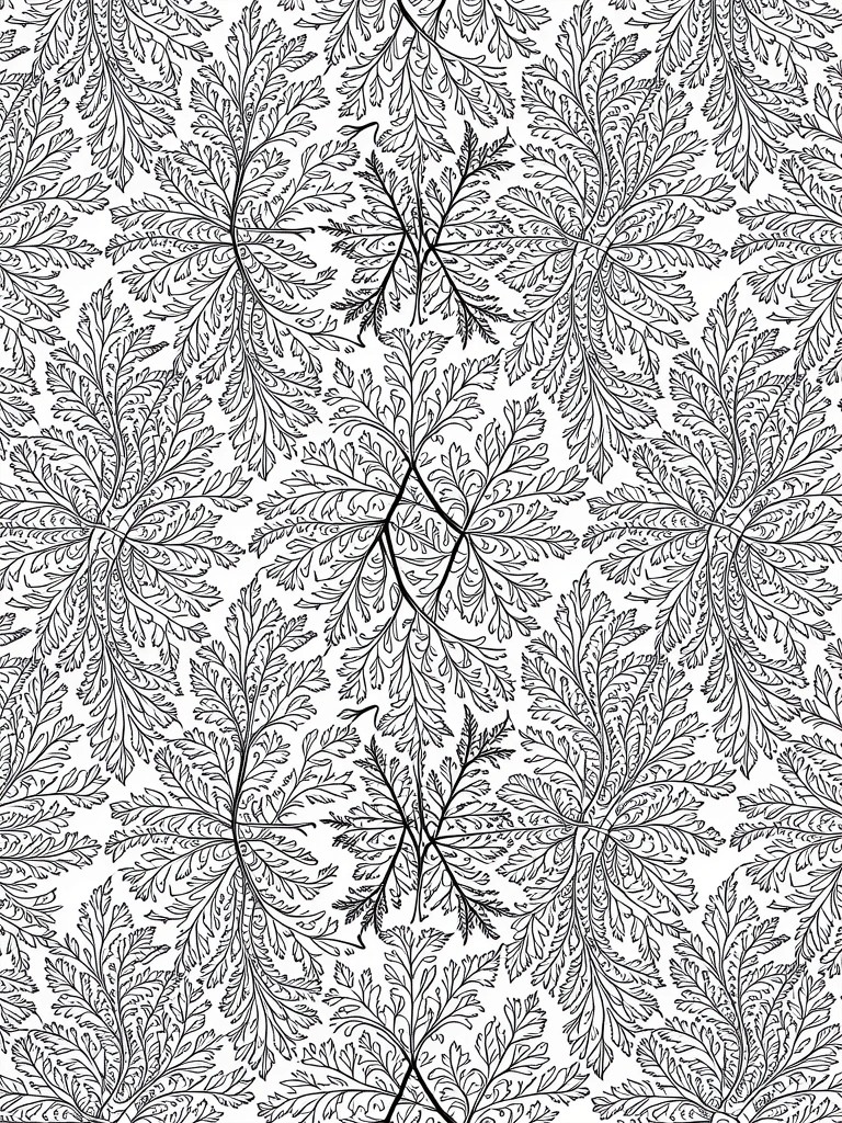 Black and white repeating pattern of delicate overlapping fern fronds and branches