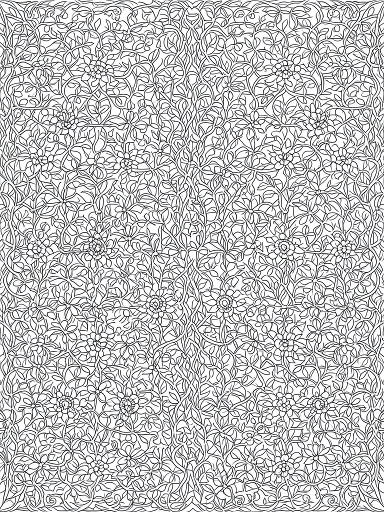 A black and white coloring page filled with a dense pattern of flowers, leaves, and vines.