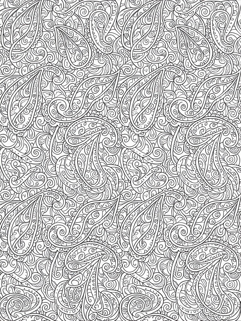 Intricate black and white paisley pattern filled with swirling teardrop shapes and curls.