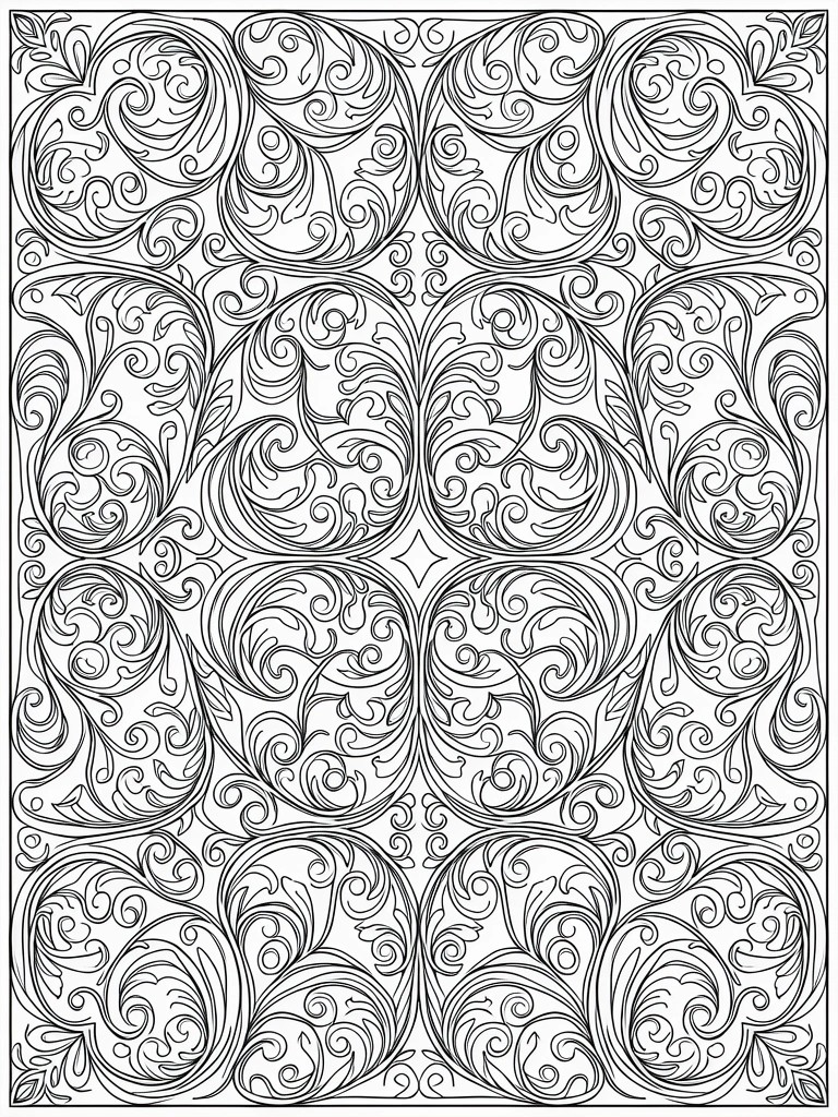 Intricate black and white repeating swirl and leaf pattern design.