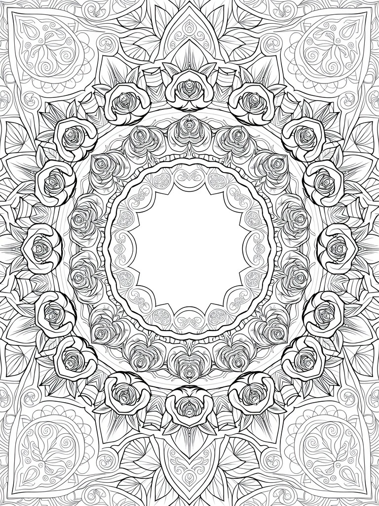 Intricate black-and-white mandala with roses, leaves, and ornate circular patterns