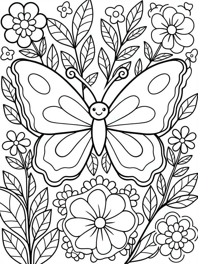 Coloring page of smiling butterfly with floral wings amid flowers and leaves