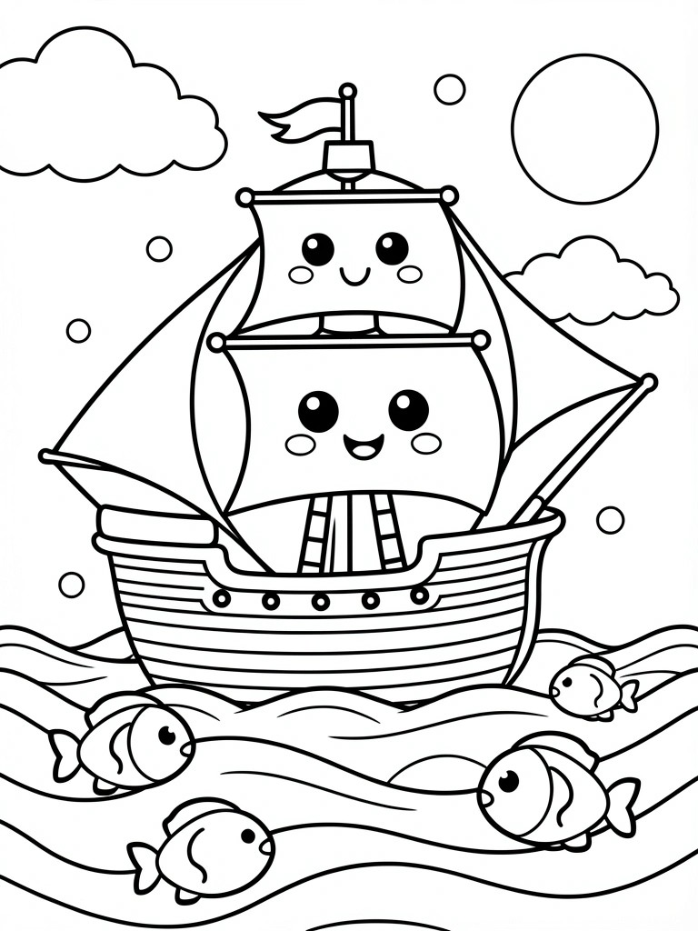 Cartoon ship with smiling sails on wavy sea amid cute fish under sun