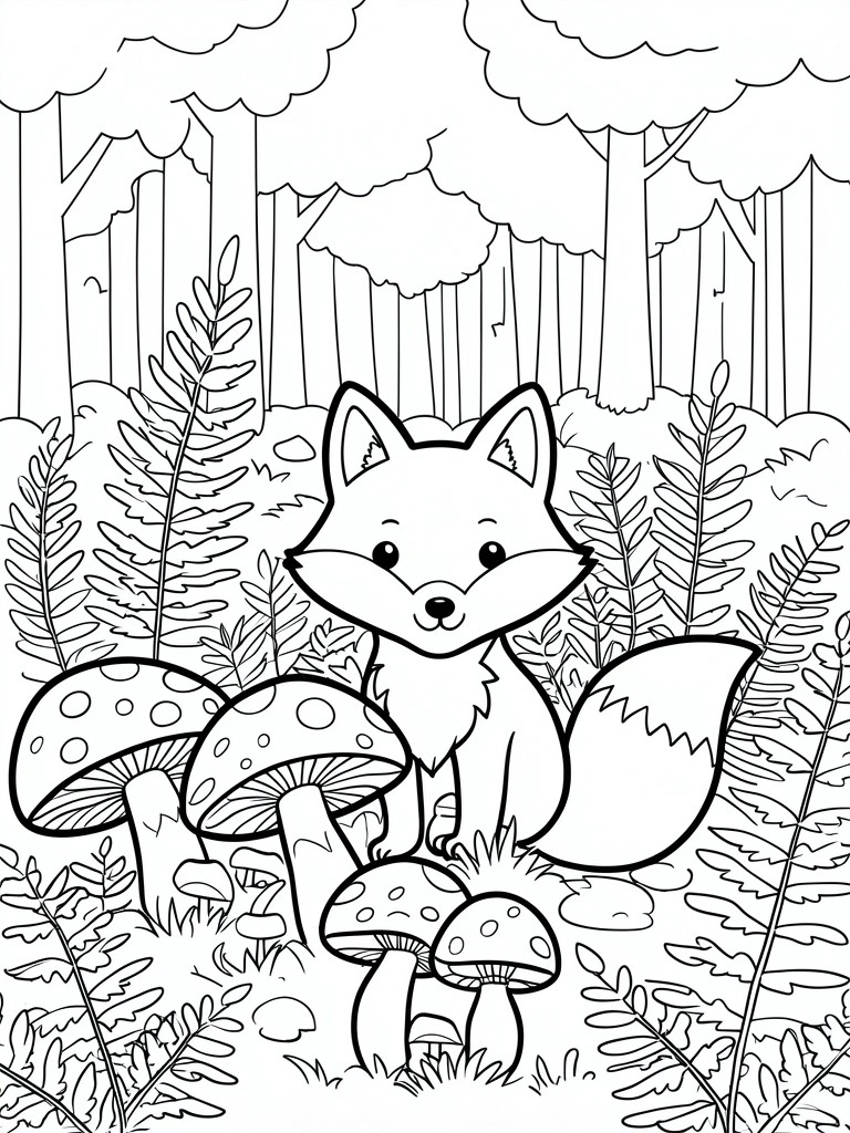 Cute cartoon fox sitting among mushrooms in a forest setting