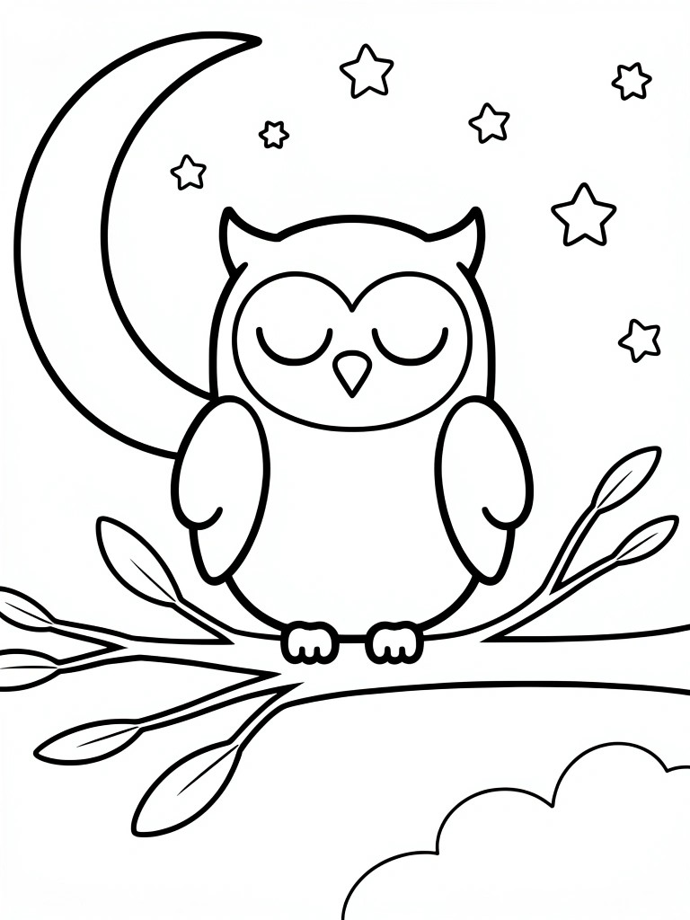 A simple line drawing of an owl perched on a branch with a crescent moon and stars in the sky.