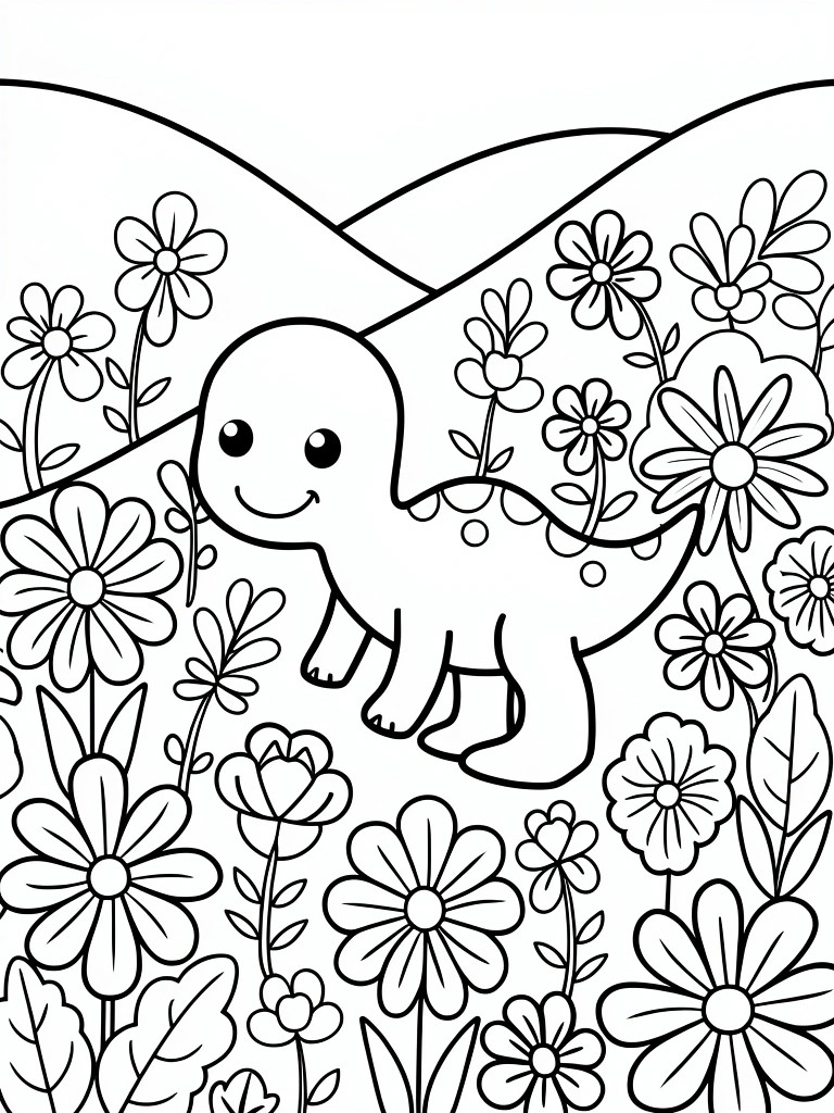 Coloring page of smiling cartoon dinosaur among large flowers and rolling hills