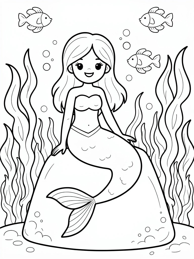 Smiling cartoon mermaid underwater with fish, bubbles, and swaying seaweed