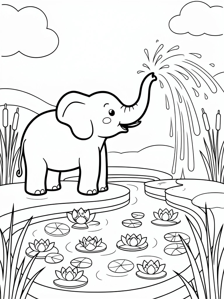 Elephant sprays water from trunk over pond filled with lily pads and reeds