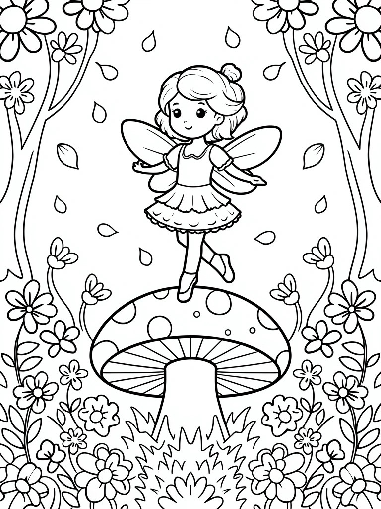 Fairy with wings in a dress stands on a mushroom amid flowers and trees in line art.