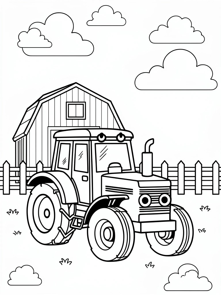 Coloring page of tractor parked before barn with fence and clouds.