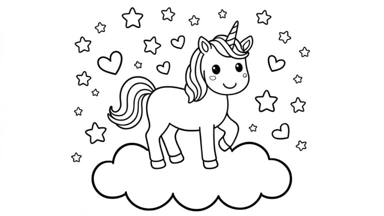24 Cute Easy Coloring Pages Kids Will Instantly Love Black and white unicorn on cloud with stars and hearts outline drawing