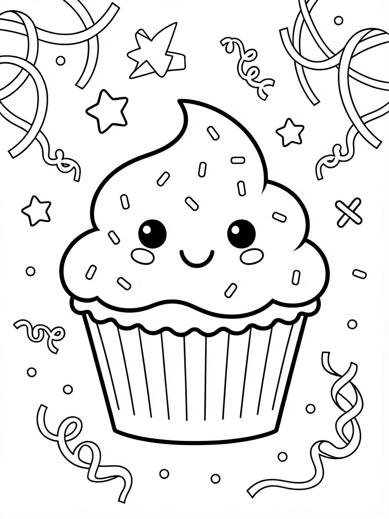 Cute cartoon cupcake with smiling face amid stars, confetti and streamers