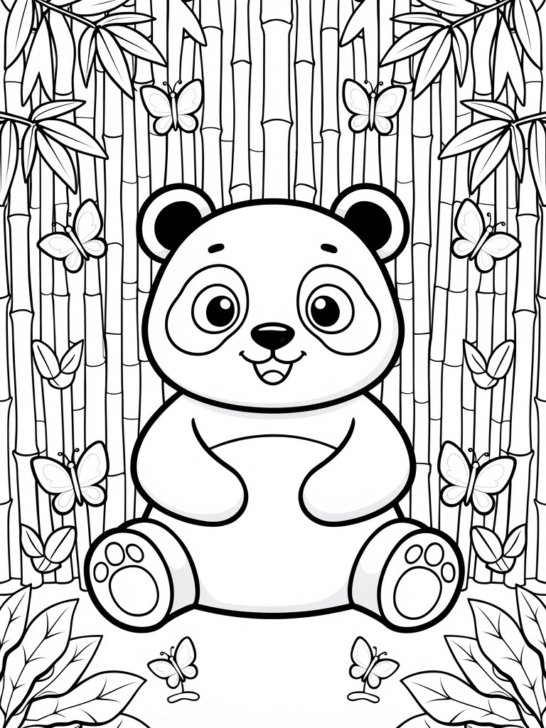 A black and white line drawing of a cute panda sitting in front of bamboo stalks with butterflies around it.
