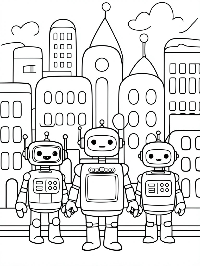 Three cartoon robots holding hands before a city skyline coloring page