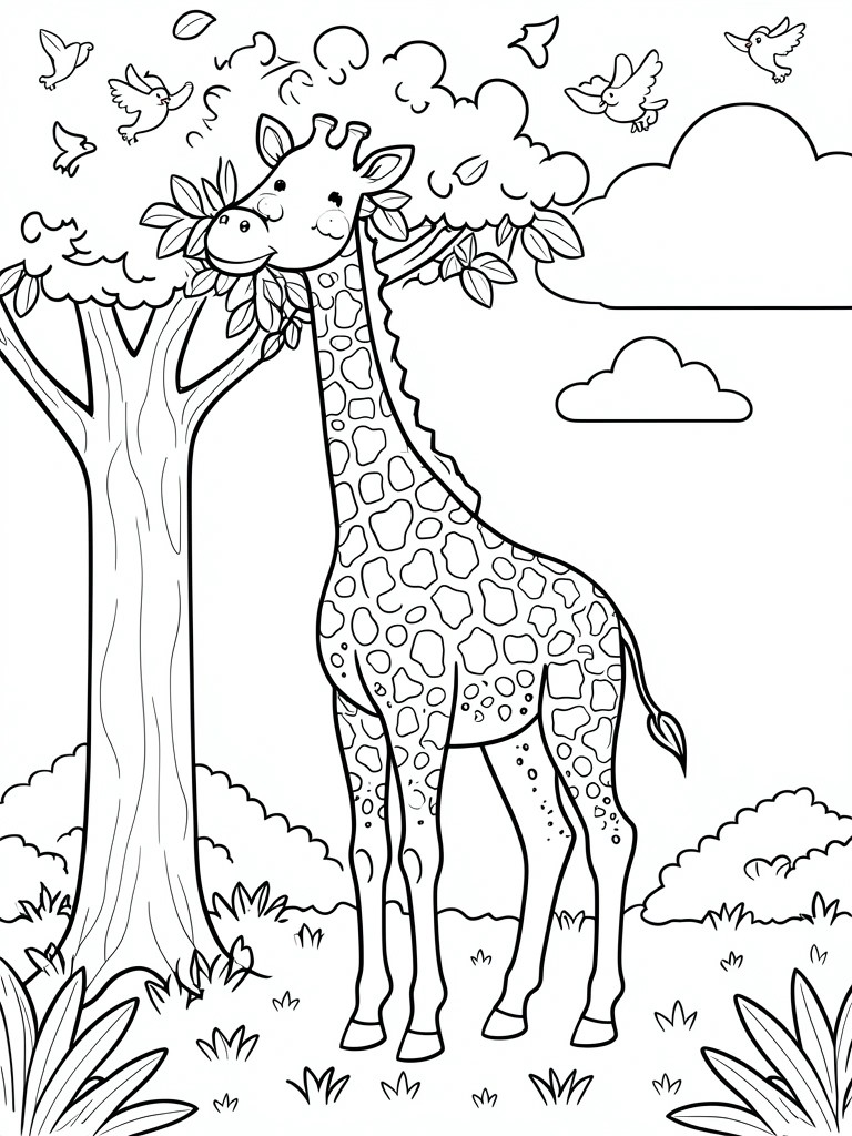 Coloring page of a giraffe eating leaves from a tree with birds and clouds