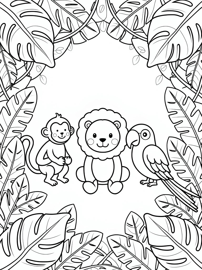 Coloring page with cartoon monkey, lion, and parrot amid tropical jungle leaves.