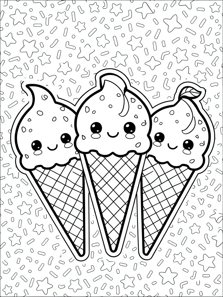 Three cute ice cream cones with faces on starry coloring page background