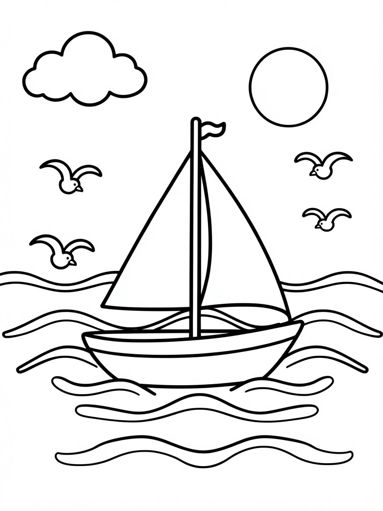 Black and white line drawing of sailboat on wavy seas with birds, sun and clouds.