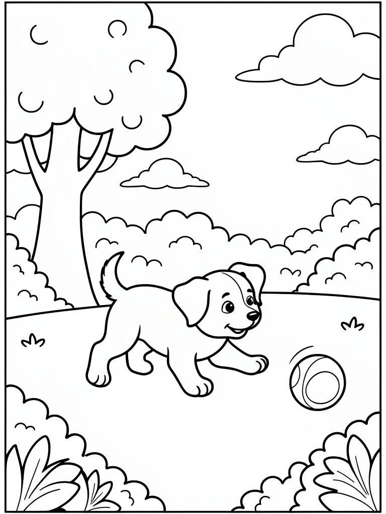 Cartoon puppy chasing a striped ball in a park with trees and clouds.