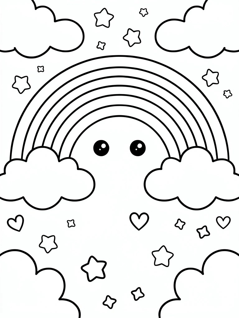 A black and white line drawing of a rainbow with clouds, stars, hearts, and two small eyes on the rainbow.