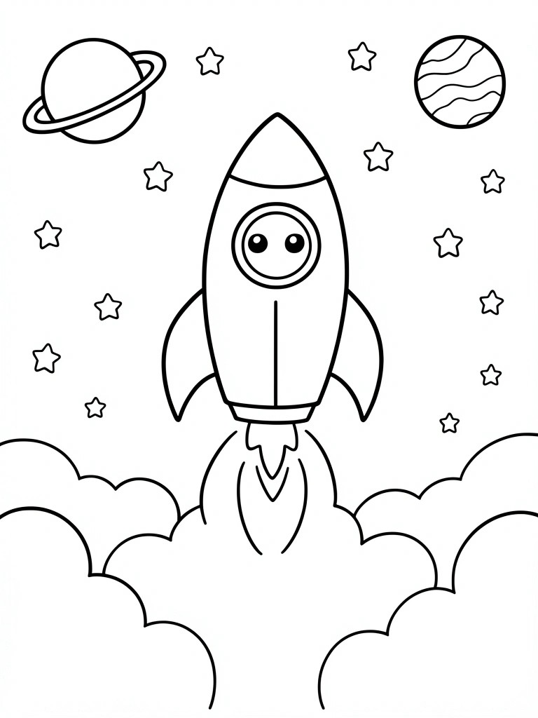 Coloring page of cartoon rocket with eyes launching past planets, stars and clouds.