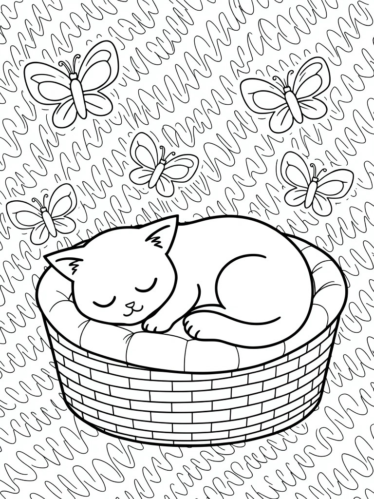 Sleeping cat curled in basket surrounded by butterflies on wavy background line art