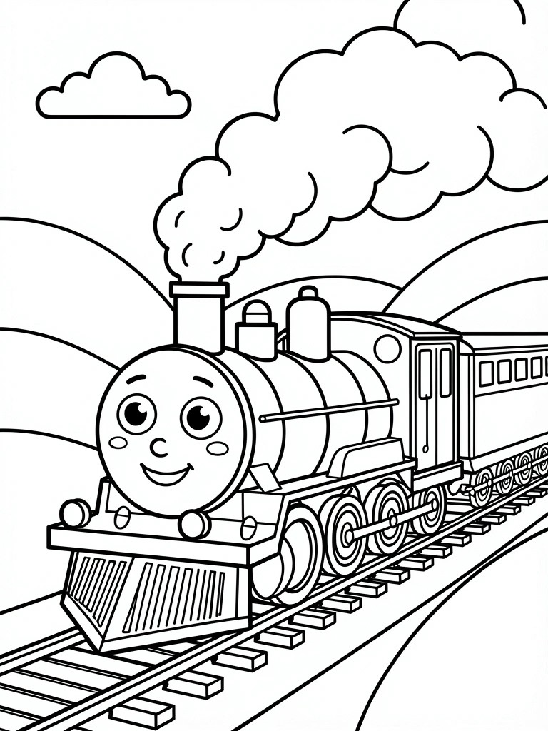 A black and white line drawing of a smiling train engine on tracks with clouds and hills in the background.