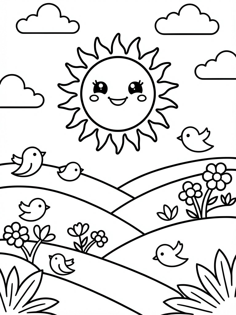 Smiling sun over birds, flowers, and rolling hills in cartoon line art.