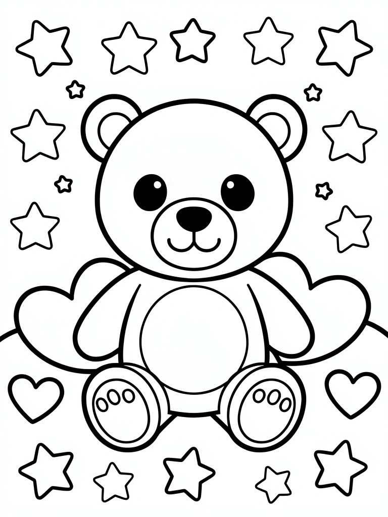 Cartoon teddy bear surrounded by stars and hearts in black and white outline