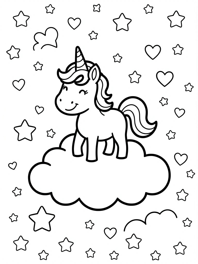 Black and white unicorn on cloud with stars and hearts outline drawing