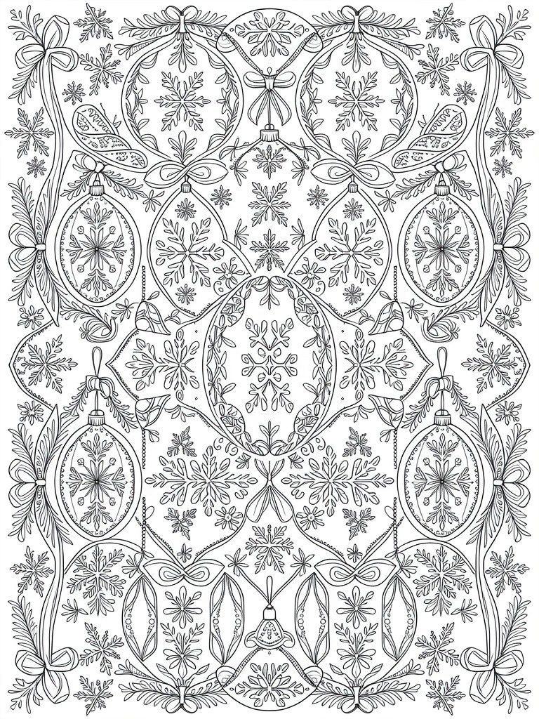 A black and white coloring page featuring multiple Christmas ornaments decorated with snowflakes, surrounded by larger snowflakes, bows, and ribbons in a symmetrical holiday design.