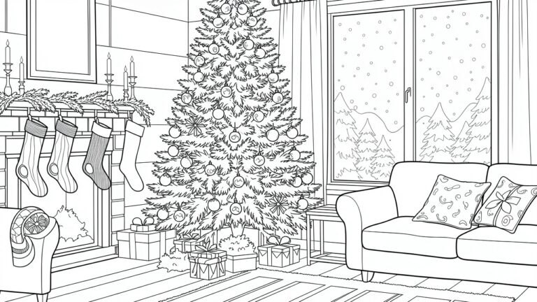 23 Festive Holiday Coloring Pages for Cozy Seasonal Fun Line art of Christmas living room with decorated tree, stockings on fireplace, and gifts.