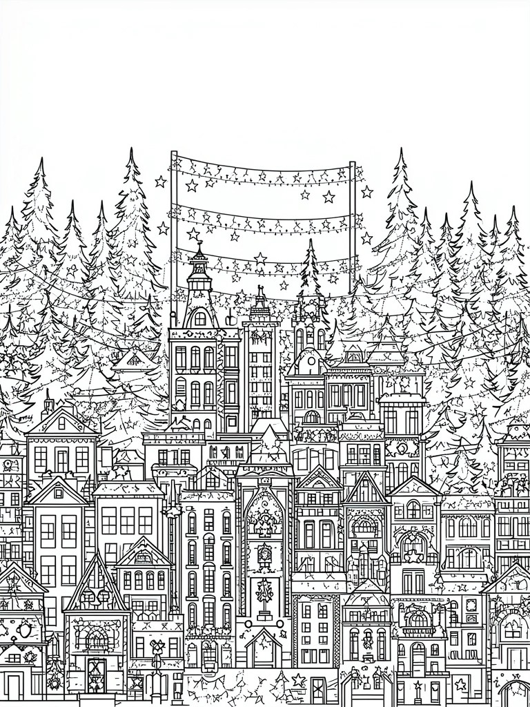 A black and white line drawing of a dense winter village with buildings, pine trees, and multiple strings of stars overhead.