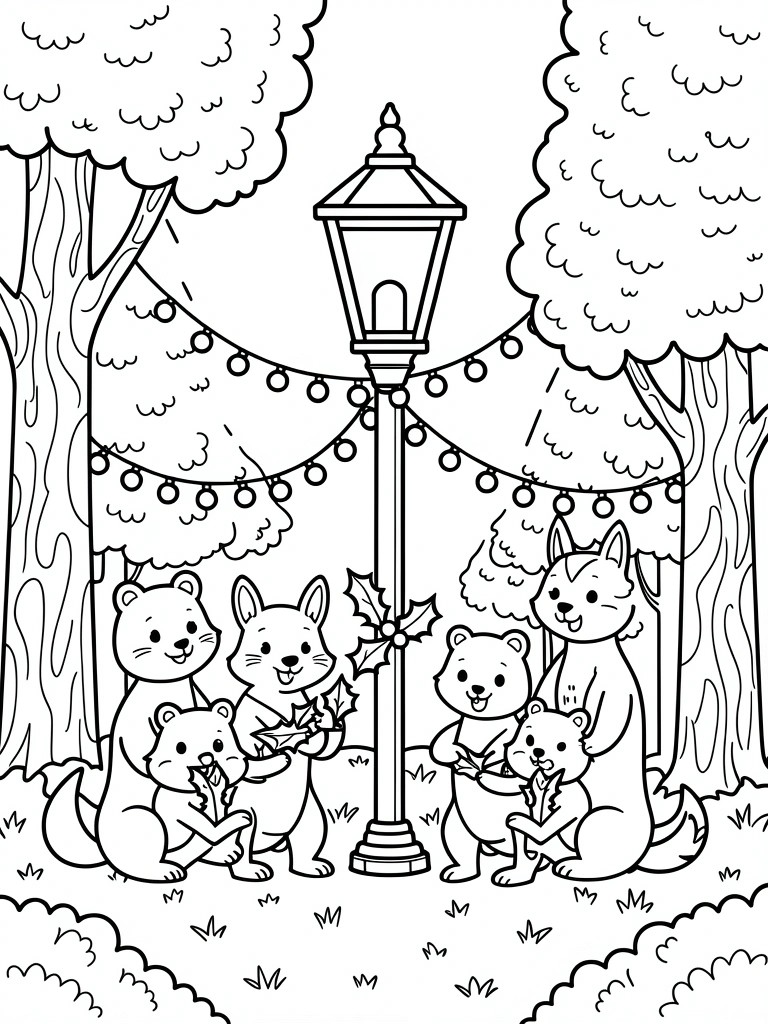 Woodland animals with holly around a lamppost strung with lights in forest