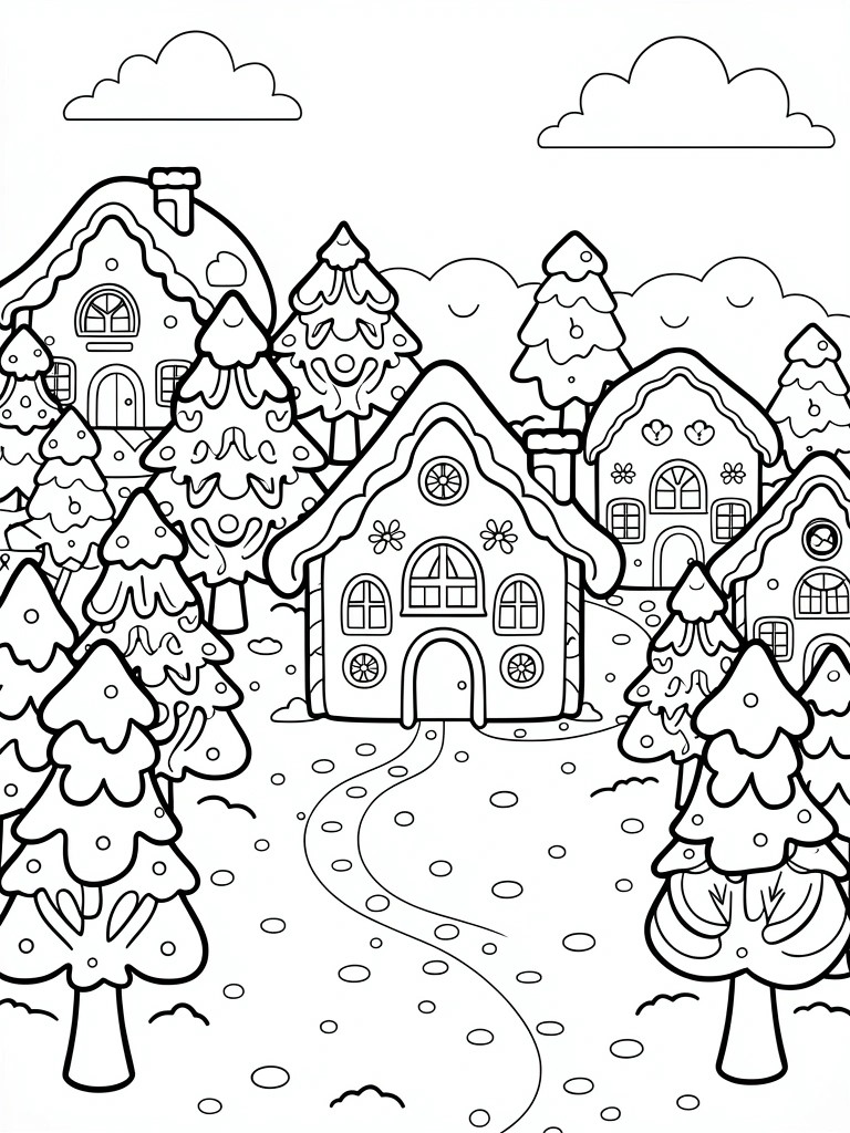Coloring page of gingerbread houses and snow-covered trees in a winter village.