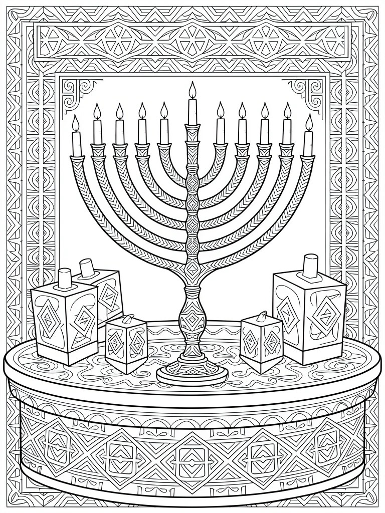 Intricate line art of lit menorah with dreidels on ornate patterned table.