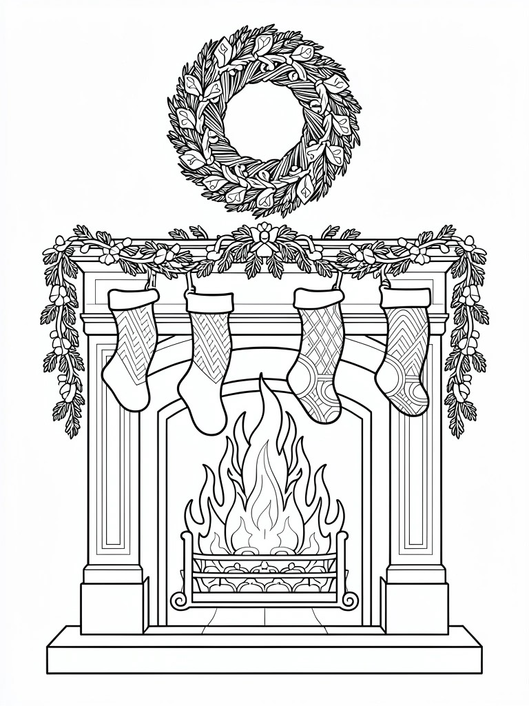 A black and white line drawing of a decorated fireplace with four Christmas stockings, a wreath above, garlands, and flames in the hearth.