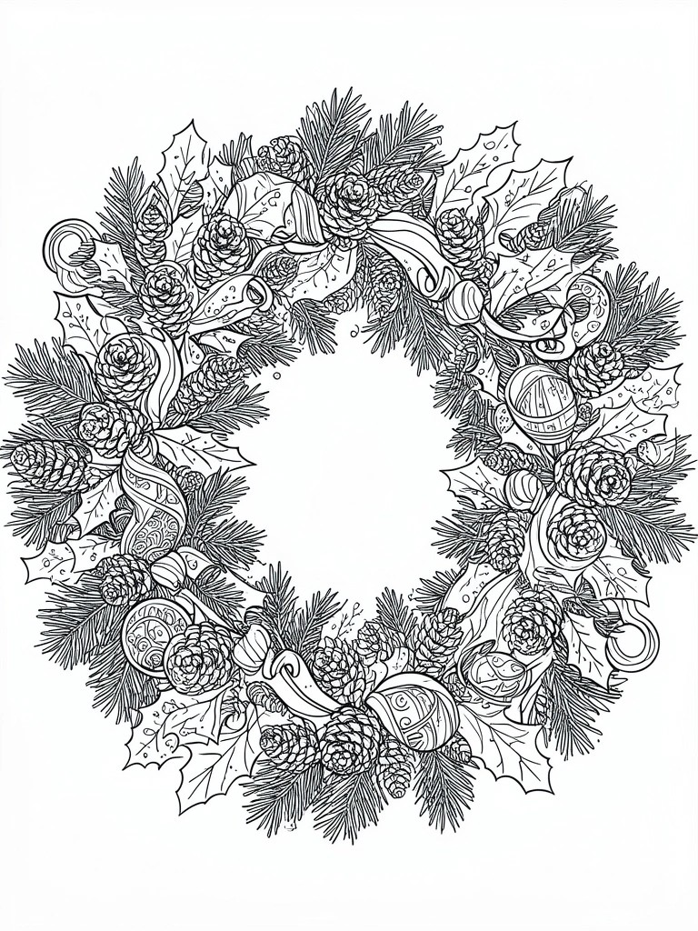 A black and white line drawing of a circular Christmas wreath with pine branches, pinecones, holly, ribbons, and ornaments.
