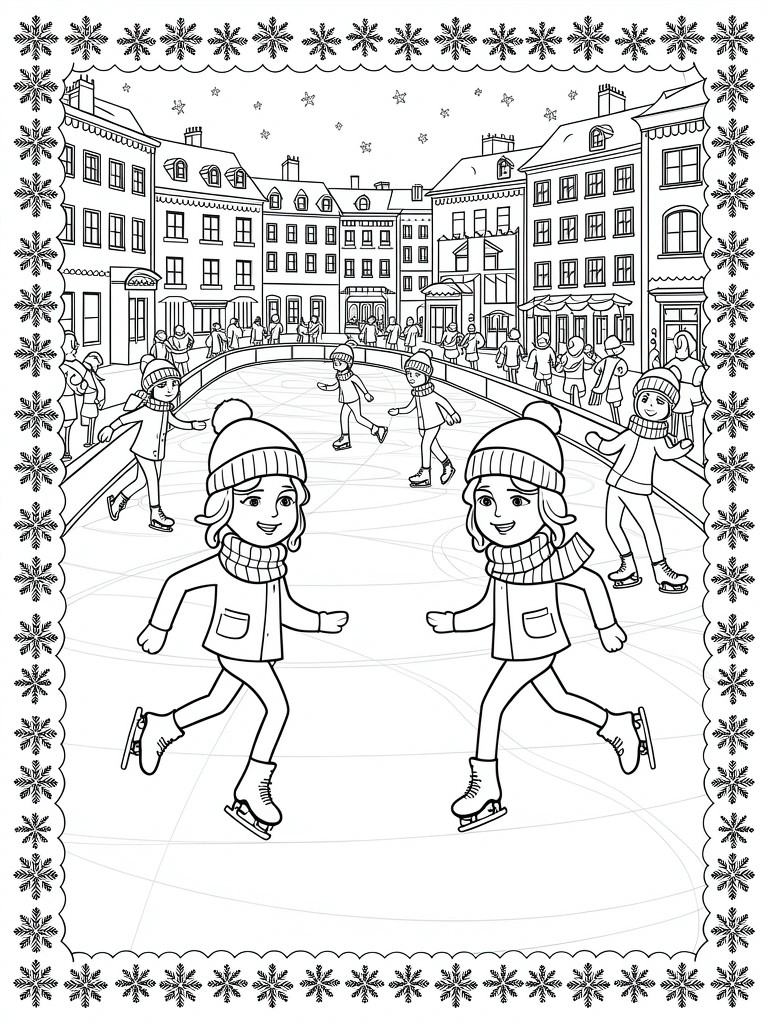 Coloring page showing multiple people ice skating on an outdoor rink in a town square lined with buildings and framed by a snowflake border.
