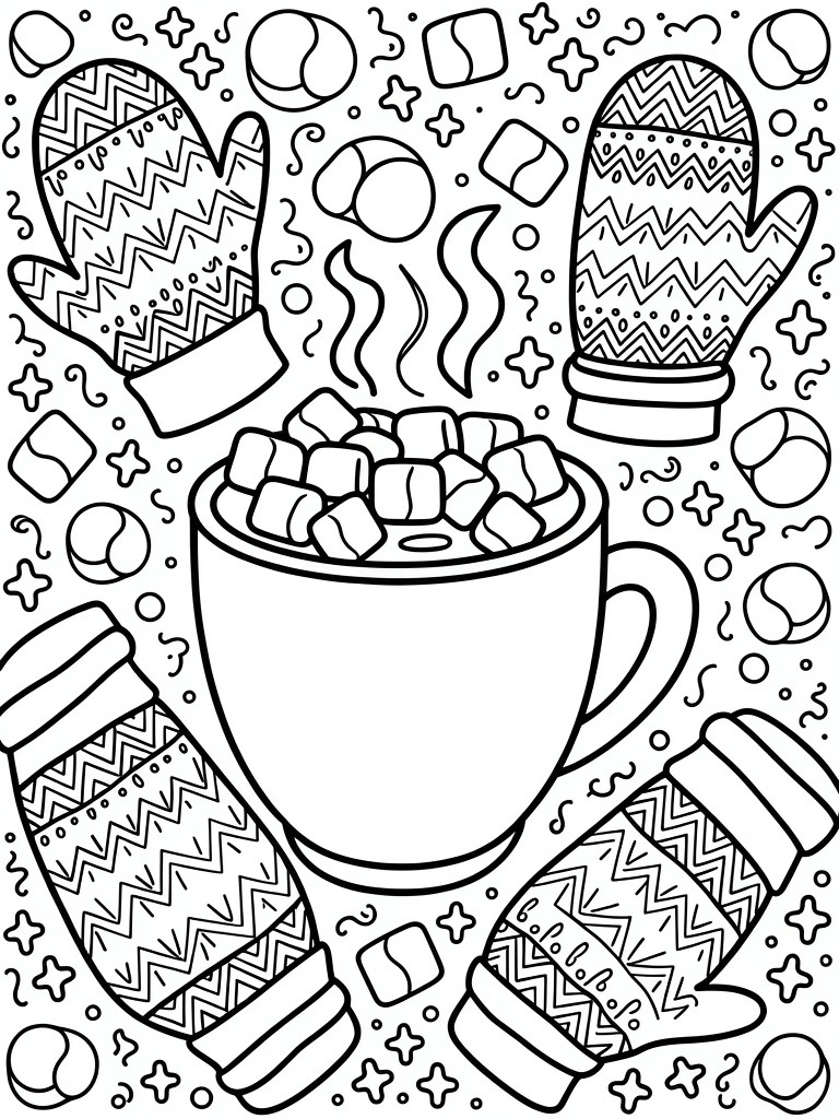 A black and white line drawing shows a central mug of hot chocolate with marshmallows surrounded by three patterned mittens and winter shapes.