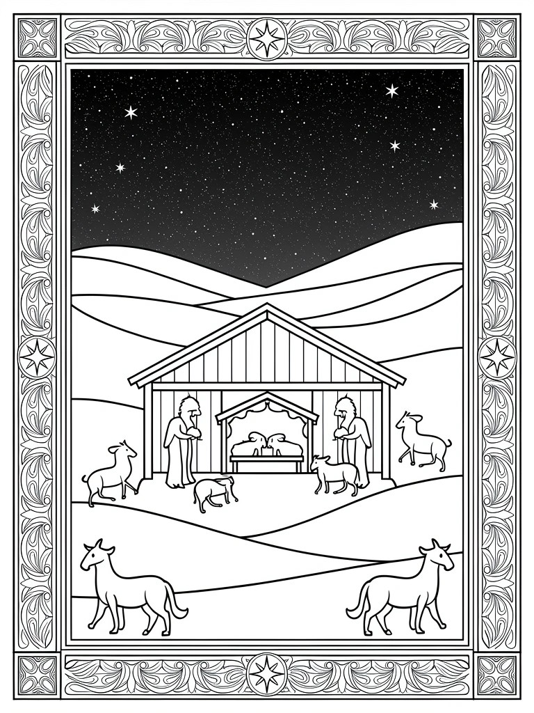 A black and white line drawing of a nativity scene with a stable, figures, animals, starry sky, and decorative border.