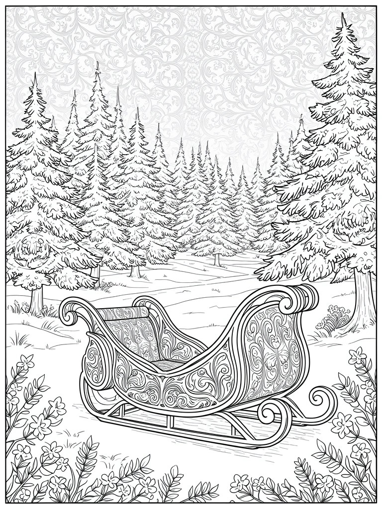 A black and white line drawing of an ornate sleigh in the foreground with pine trees and a patterned sky behind it.